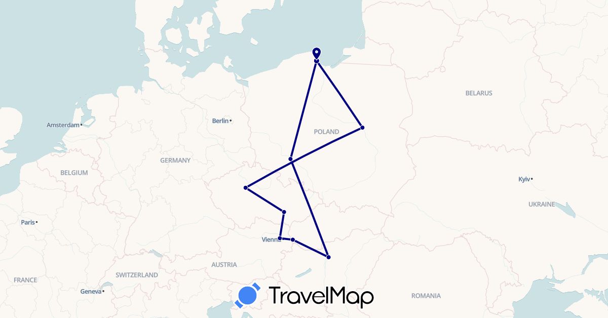 TravelMap itinerary: driving in Austria, Czech Republic, Hungary, Poland, Slovakia (Europe)